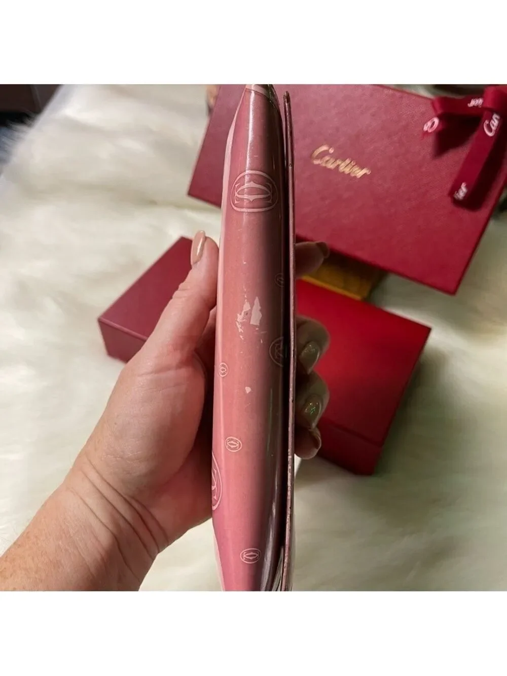 CARTIER MUST DE CARTIER HAPPY BIRTHDAY PINK PATENT LEATHER WALLET AUTHENTIC